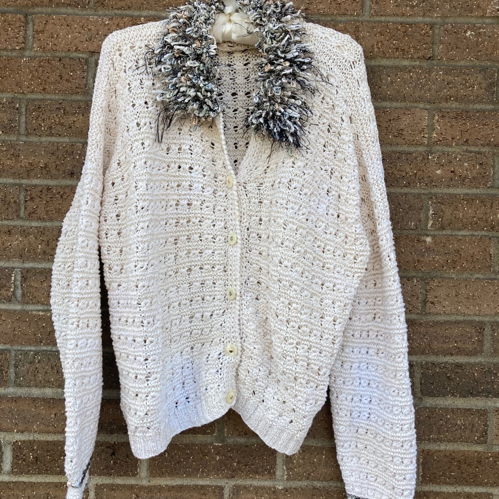 Knit Cardigan Sweater with metallic Ribbon Fringe,  XL